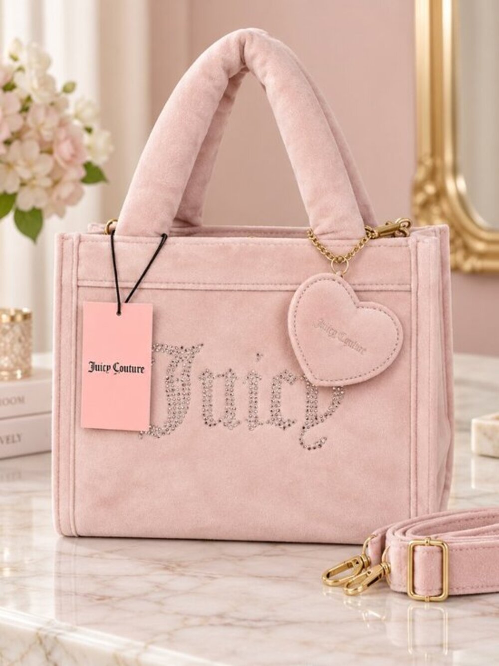 Juicy Couture Dusty Blush Velour Mini Tote Crossbody Heart Charm NWT